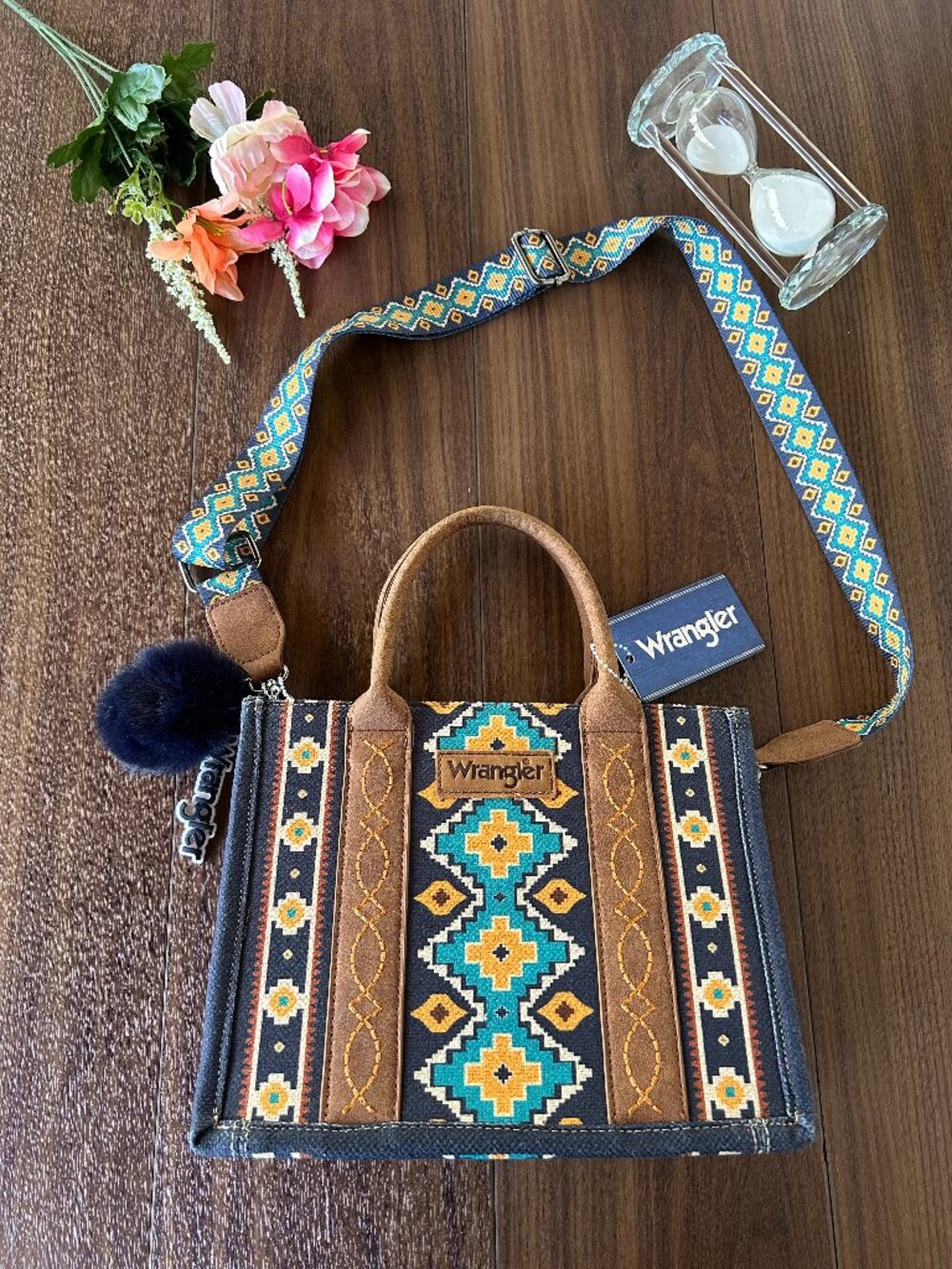 Wrangler Navy Aztec Western Canvas Tote Crossbody Bag